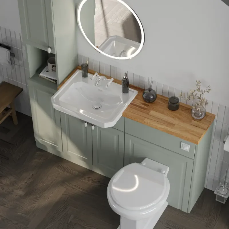 Top View of Oliver 1500 Sage Green Shaker Fitted Furniture Combination Vanity Unit