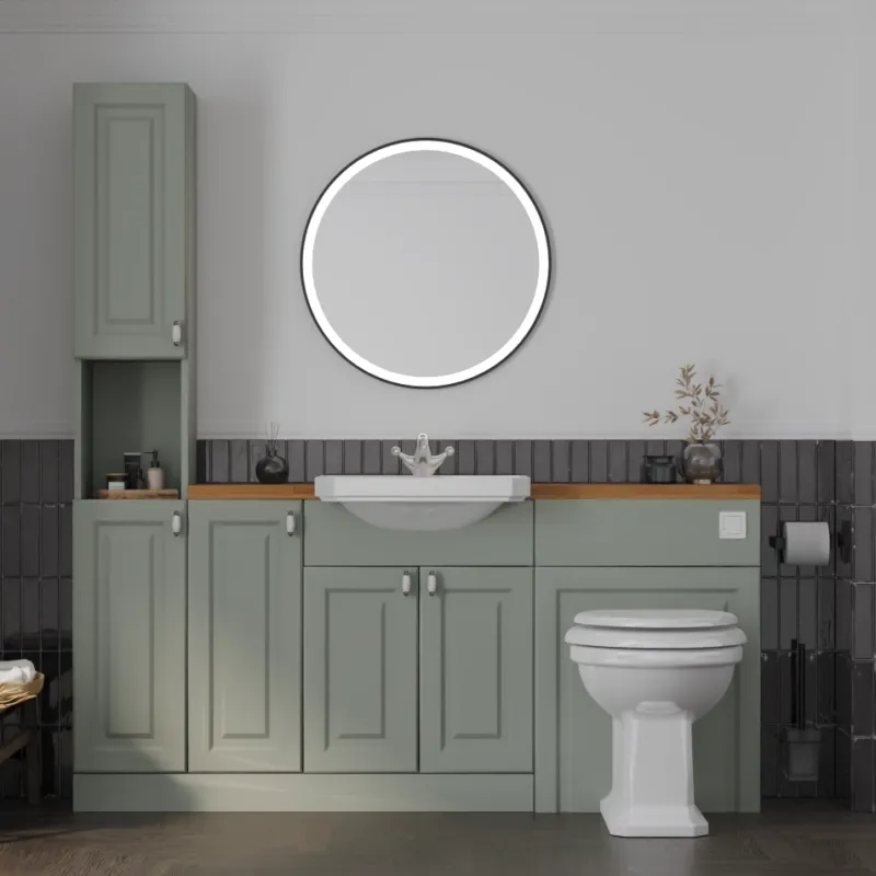 Product Image for Oliver 1800 Sage Green Shaker Fitted Furniture Combination Vanity Unit with Ceramic Basin, WC, Tallboy and Fixing Kits