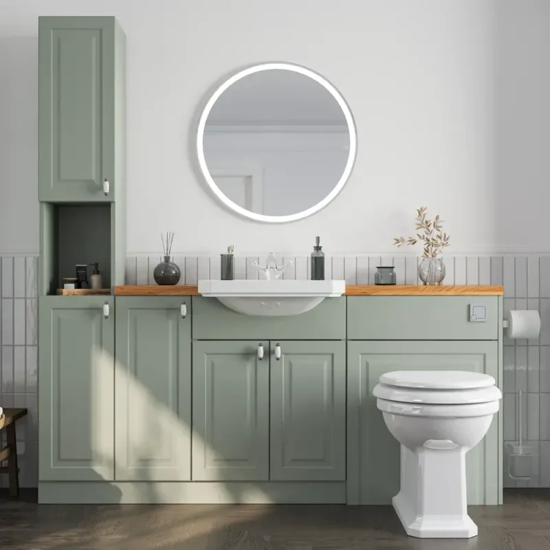 Front View of Oliver 1800 Sage Green Shaker Fitted Furniture Combination Vanity Unit