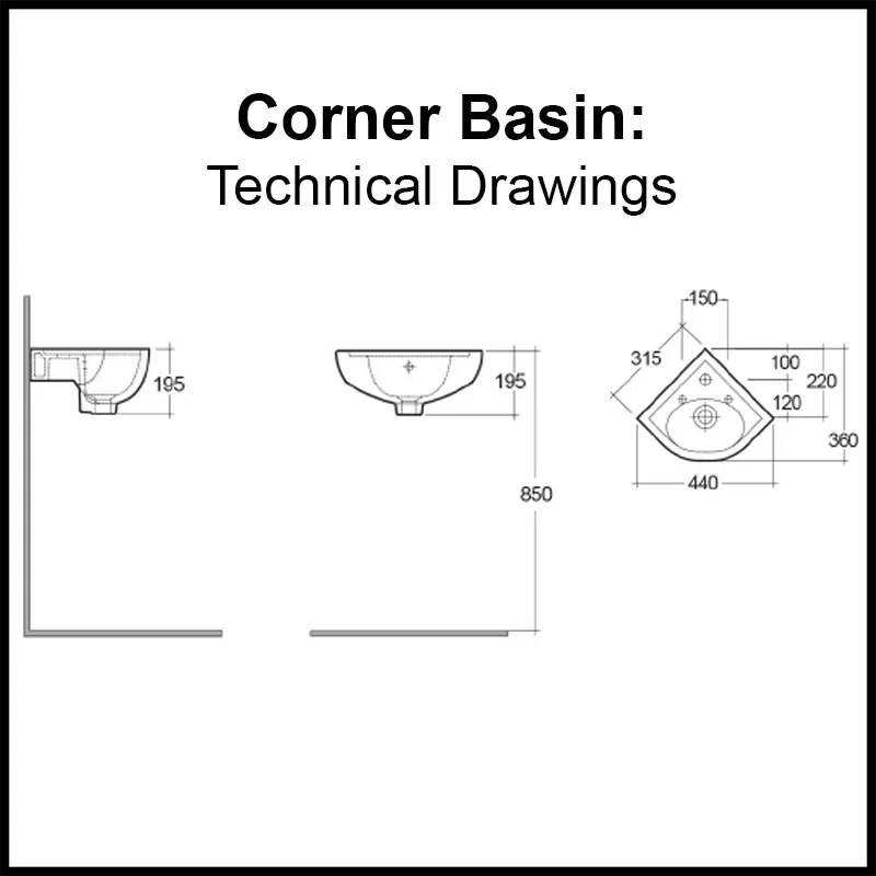 Dimensions for 2 Tap Hole Corner Basin