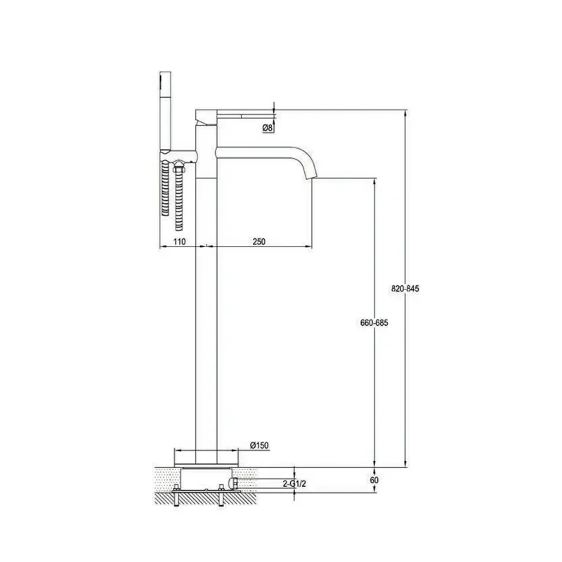 Extra Product Image For Jtp Vos Brushed Gold Floor Standing Shower Bath Mixer Tap With Handset Tech Drawing 1