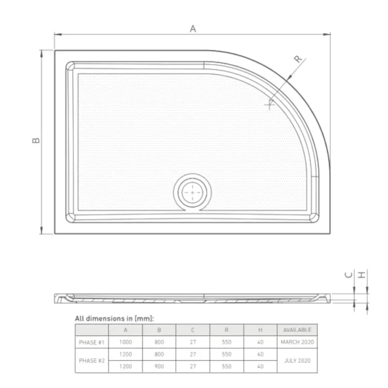 Technical Drawing Showing Line Drawings for LH Offset Quadrant Shower Trays (1000, 1200mm)