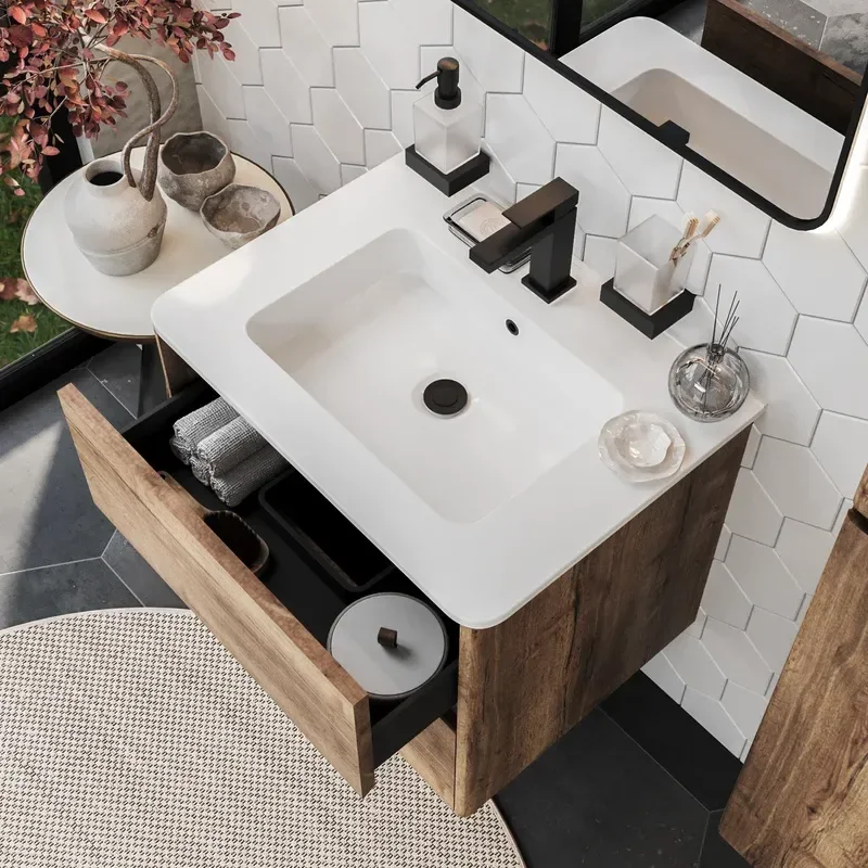 Marilyn 600mm Wall Hung Vanity Unit in Tobacco Oak