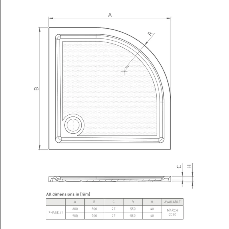 Technical Drawing Showing Line Drawings for Quadrant Shower Trays (800, 900mm)