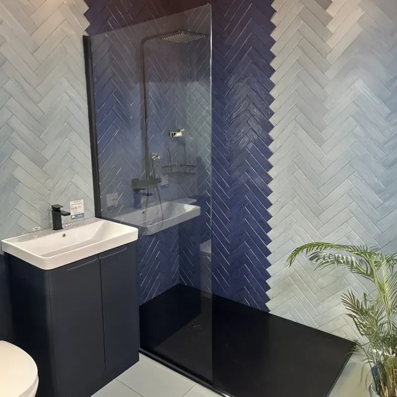 Radiant Walkin Black 10mm Wetroom Panel 1000x2000 Showroom Lifestyle Image for Radiant Black 1800 Walk-in Shower Enclosure for Recess with Slate Tray: Optional Hinge Panel, Optional Waste