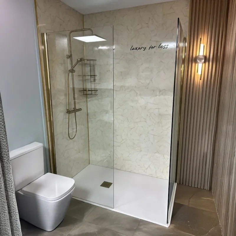 Radiant Walkin Brushed Gold 10mm Wetroom Panel 1000x2000 Showroom Lifestyle Image for Radiant Brushed Gold 1800 Walk-in Shower Enclosure for Recess with Slate Tray: Optional Hinge Panel, Waste