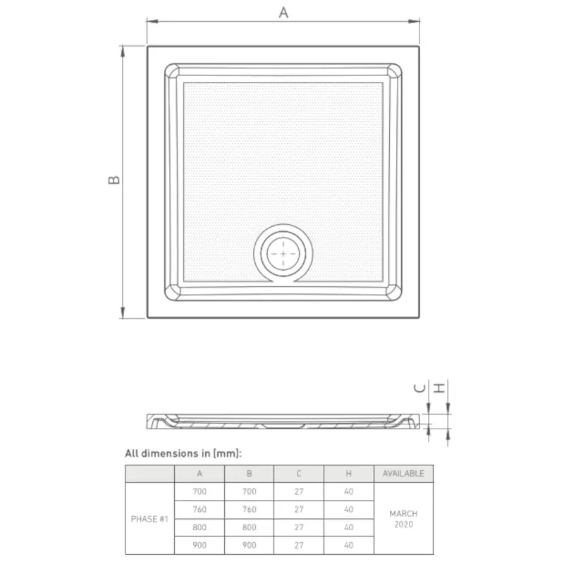 Technical Drawings showings Dimensions for Square Shower Trays (700 - 900mm)