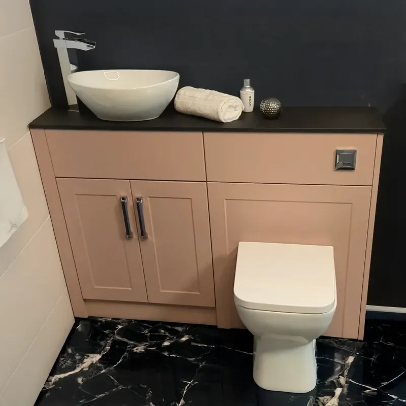 Standard Shaker Door Design (Please Call for Alternative Handles, Basin, Toilet and Taps) Showroom Image Showing Standard Shaker Door with Countertop Basin
