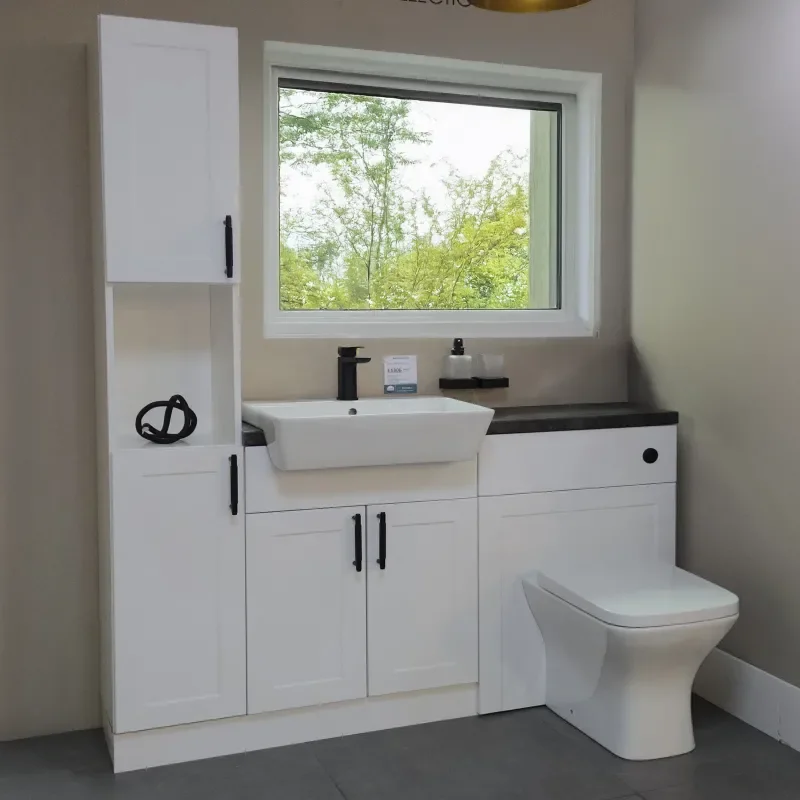 Standard Shaker Door Design (Please Call for Alternative Handles, Basin, Toilet and Taps) Showroom Image showing Standard Shaker Door with Black Handles