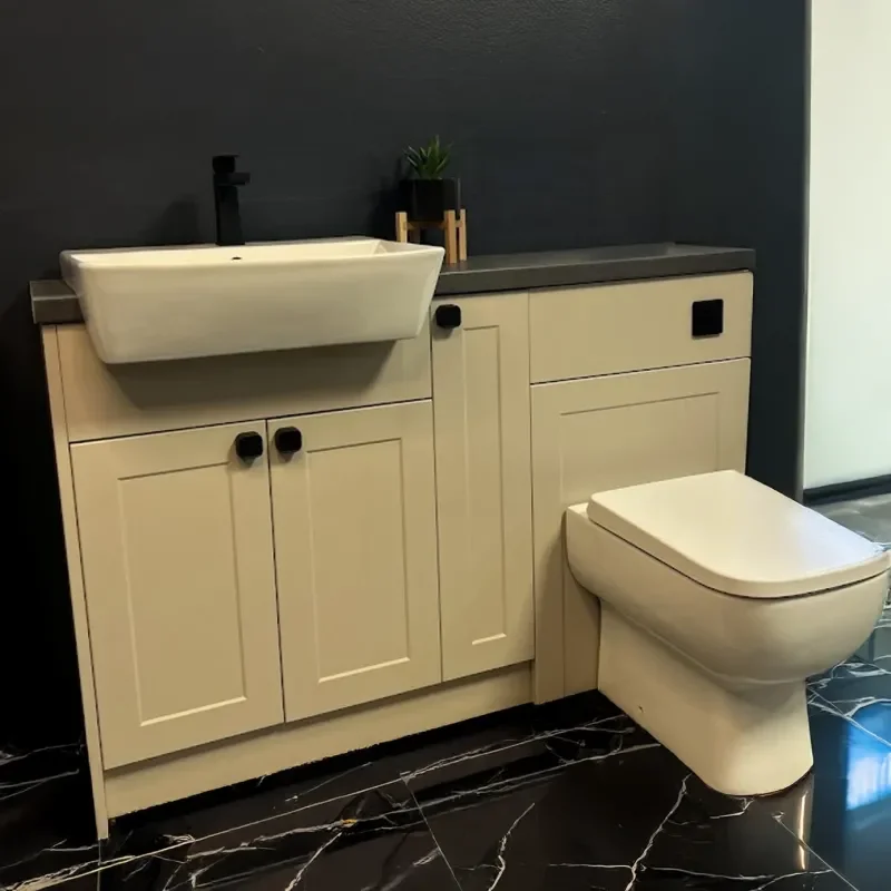 Standard Shaker Door Design (Please Call for Alternative Handles, Basin, Toilet and Taps) Showroom Image showing Standard Shaker Door with Square Handles