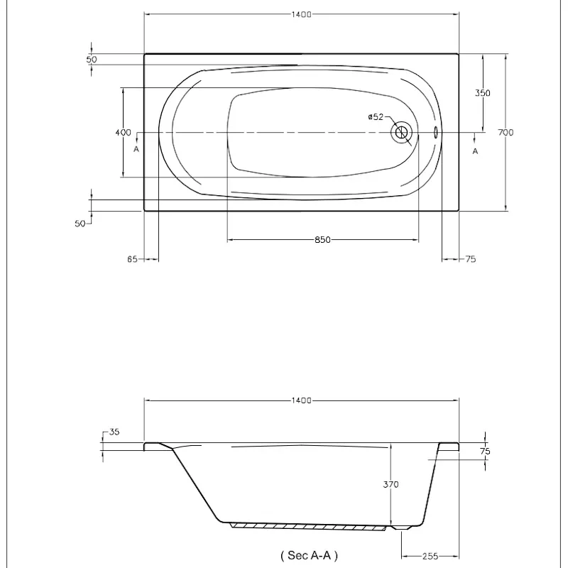 Tech Drawing for 1400 Petite Bath