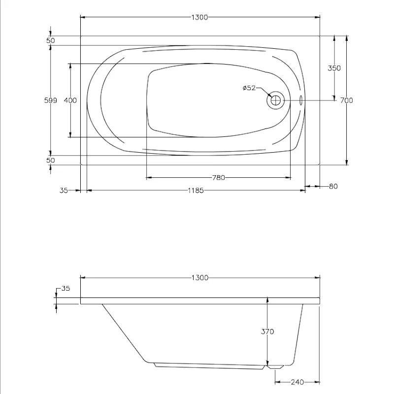 Tech Drawing for Petite 1300 Bath with Dimensions