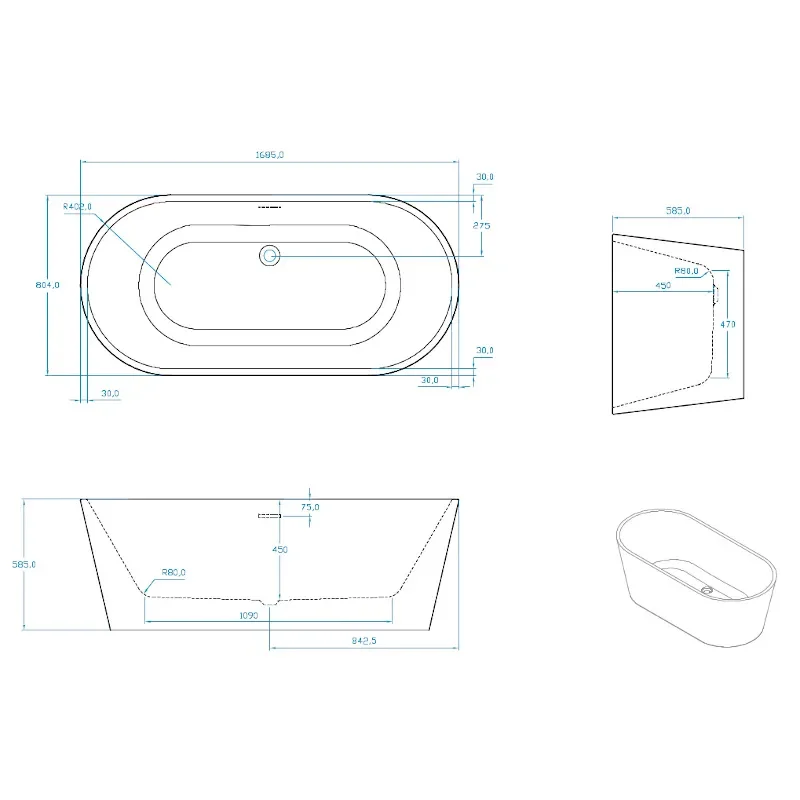 Extra Product Image For Verone Freestanding Bath Line Drawing Dimensions 1