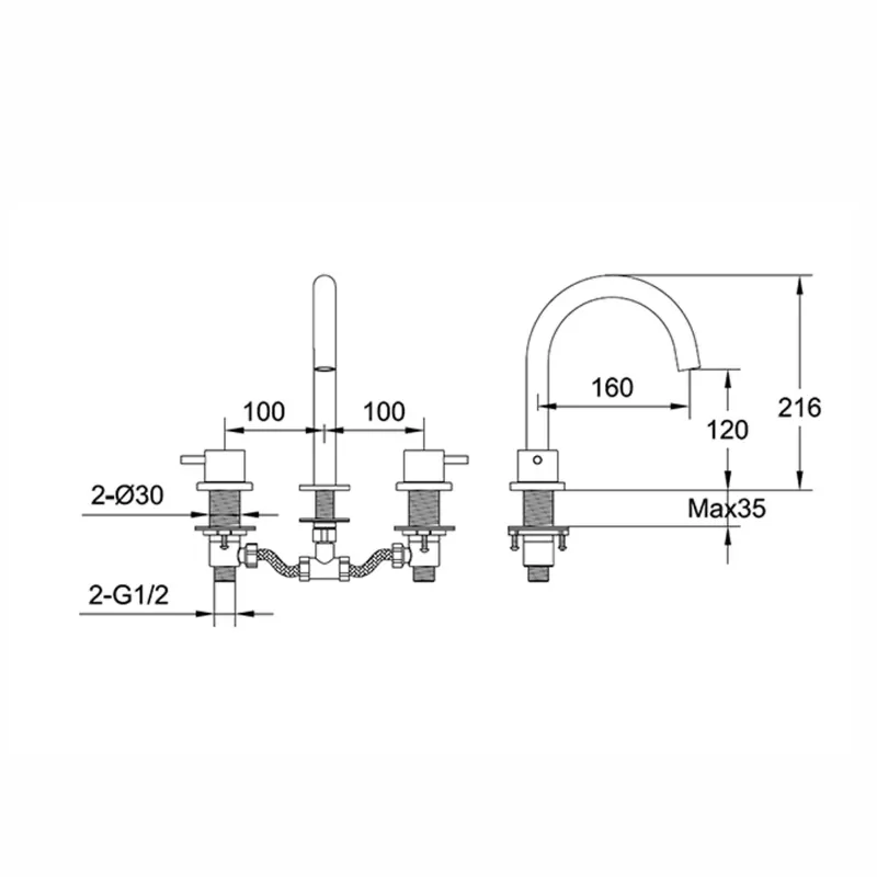bathroom 2 hole basin mixer tap in brushed black finish tech drawing 