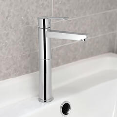 Fonte Single Lever High Neck Basin Mixer (150mm Extension Body) without Popup Waste, with 600mm Long Braided Hoses, HP 1.0