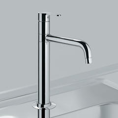 Fusion Single Lever High Neck Basin Mixer (210mm Extension Body) with Swivel Spout & 600mm Long Braided Hoses, HP 1.0