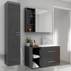 Wall hung grey bathroom vanity unit and basin