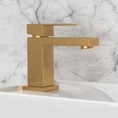 BC Small Gold Tap for Small Cloakroom Basin with Waste Angled Top View of Small Basin with Gold Mixer Tap and Gold Click Waste