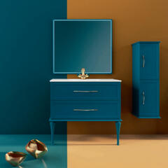 Lifestyle front view of Tiffany Basin Unit with Two Drawers & Gold Handles