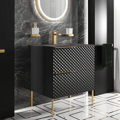 Elvia 600mm Black Vanity Unit with Black Basin, Gold Handles & Legs