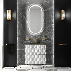 Elvia 600mm White Vanity Unit with Black Basin, Gold Handles & Legs