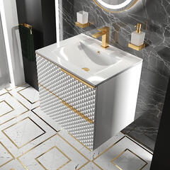 Elvia 600mm White Vanity Unit with White Basin, Gold Handles & Legs