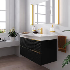 Elvia 950mm Black Vanity Unit with White Basin, Gold Handles