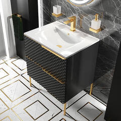 elvia 600 black vanity unit white basin gold handles