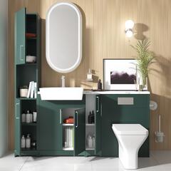 Front View of oliver chrome 1700 matt green vanity toilet tallboy package