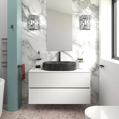 jasmine 1000 white wall vanity unit with black basin