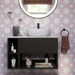 britton hackney 900mm wall hung black vanity unit with open shelves and countertop basin