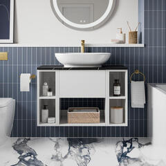 britton hackney 900mm wall hung white vanity unit with shelves & countertop basin