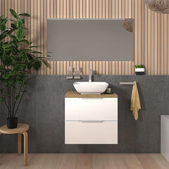 sonix white 600 wall hung bathroom unit with oak worktop