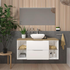 sonix white 1200 vanity unit with oak countertop