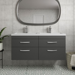 nuie athena gloss grey 1200 wall hung vanity unit with double basin and four drawers