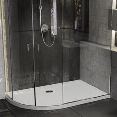 Room scene showing left hand raised easy plumb offset quadrant corner anti-slip shower tray