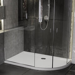 Room scene showing raised right hand offset quadrant stone resin anti-slip shower tray
