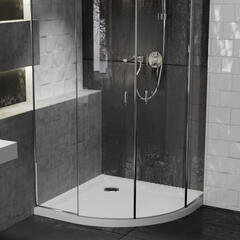 Room scene showing quadrant corner anti-slip stone resin raised easy plumb shower tray