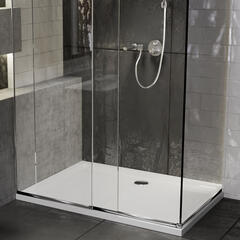 Room scene showing rectangular low profile raised shower tray