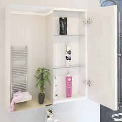 PATELLO WHITE 2 DOOR BATHROOM MIRROR CABINET WITH GLASS SHELVES