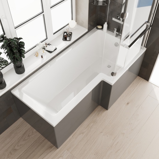 Complete Patello Grey L Shape Shower Bath Suite incl Sink cabinet Toilet and Taps. Complete Patello Grey L Shape Shower Bath Suite incl Sink cabinet Toilet and Taps.