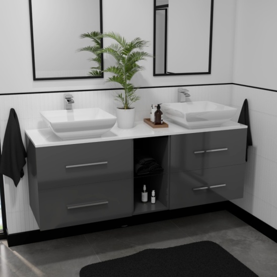 Sonix 1500 Glass Top Double Wall Hung Vanity Storage Unit Inc Basins and Taps double vanity unit with storage and countertop basins