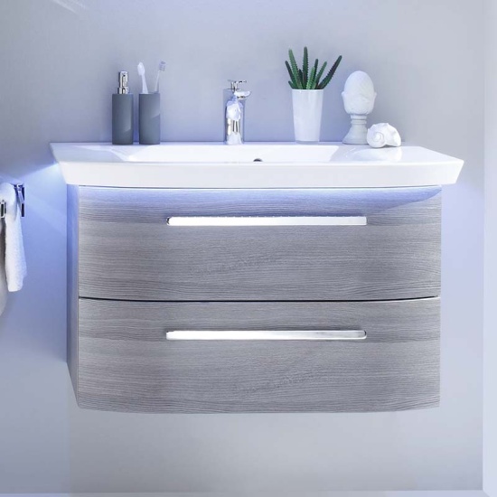 Contea Vanity Unit Wall Hung Two Drawers Close-up with Graphite Wood-effect Fronts Product Front View of Contea Vanity Unit with Graphite Grey Front