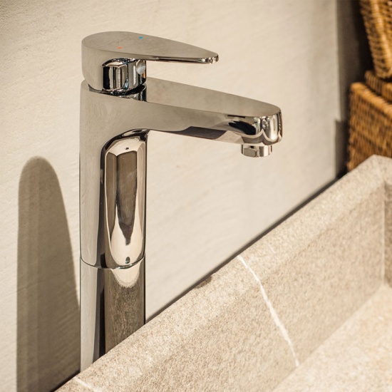 Vignette Prime Single Lever High Neck Basin Mixer (180mm Extension Body) without Popup Waste, with 600mm Long Braided Hoses, HP 1.0