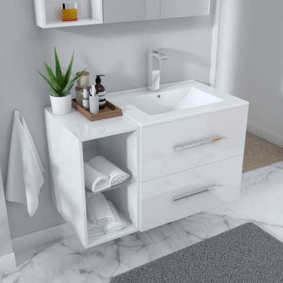 Bathroom Furniture in white vanity unit, tallboy and mirror White gloss finish with glass shelving