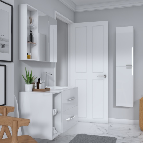 Wall hung Vanity with tall boy storage and mirror cabient  Bathroom furniture set in white