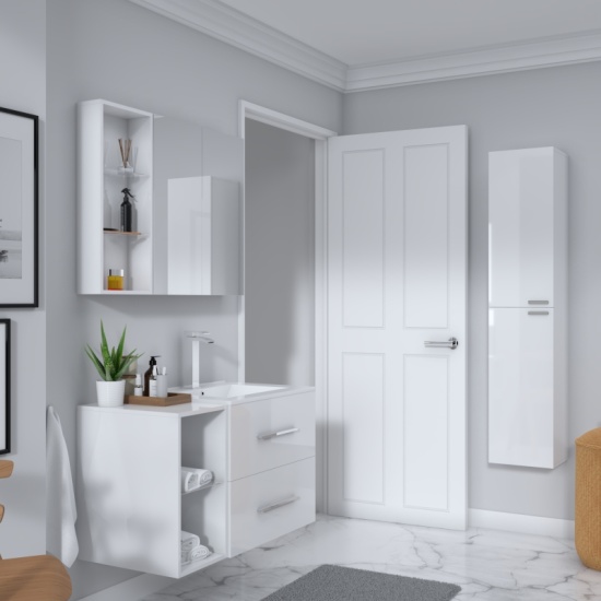 Bathroom Suite Wall hung vanity unit and basin, tall boy and mirror  Modern, luxury white bathroom furniture suite