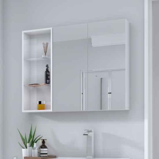 White Mirror Cabient with glass shelves  large bathroom mirror with storage