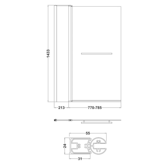 Bath Screen with Fixed Panel Technical Drawing Line Drawing with Dimensions for Bath Screen with Fixed Panel