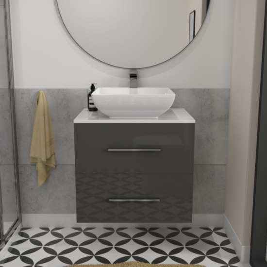 Sonix Grey 600 Wall Hung Bathroom Unit with White Glass Top and Basin Extra Product Image For Sonix Grey Wall Hung Bathroom Unit 2